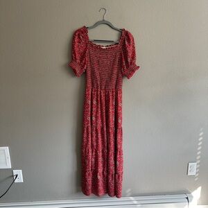 Max Studio Red Floral Smocked Tiered Maxi Dress Medium